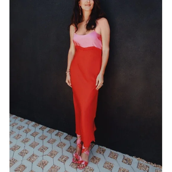 Gianni Bini Helena Satin Silky Lace Maxi Slip Babydoll Dress Pink Red Sz 4 NWT - Picture 2 of 12